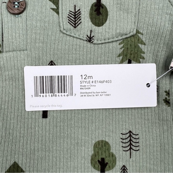 Emily and Oliver 3-Piece Set Bodysuit Pants Hat Wood Tree Forrest Green Size 12M - Picture 5 of 6